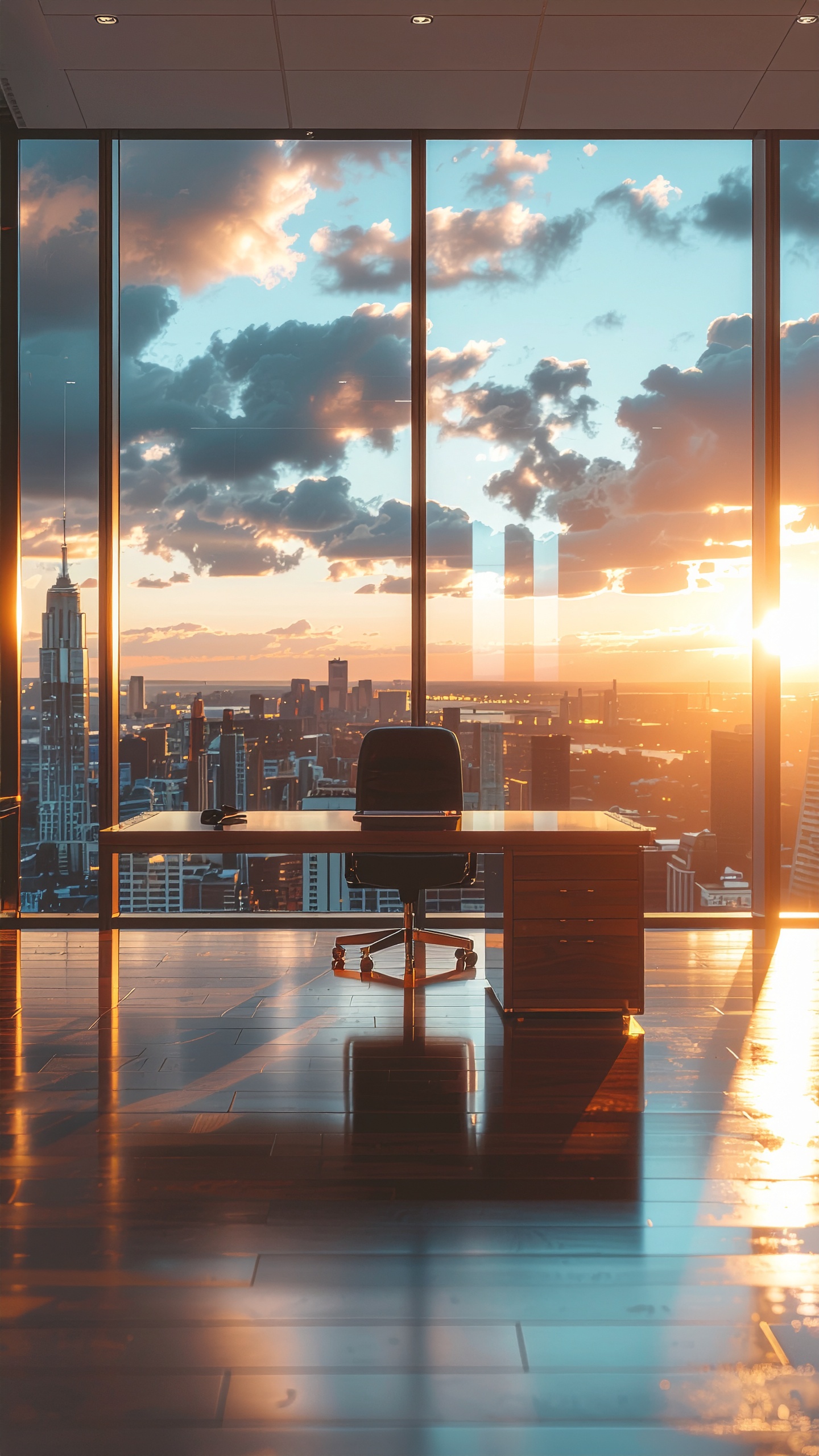 Modern Office with Desk and Chair by Panoramic Window